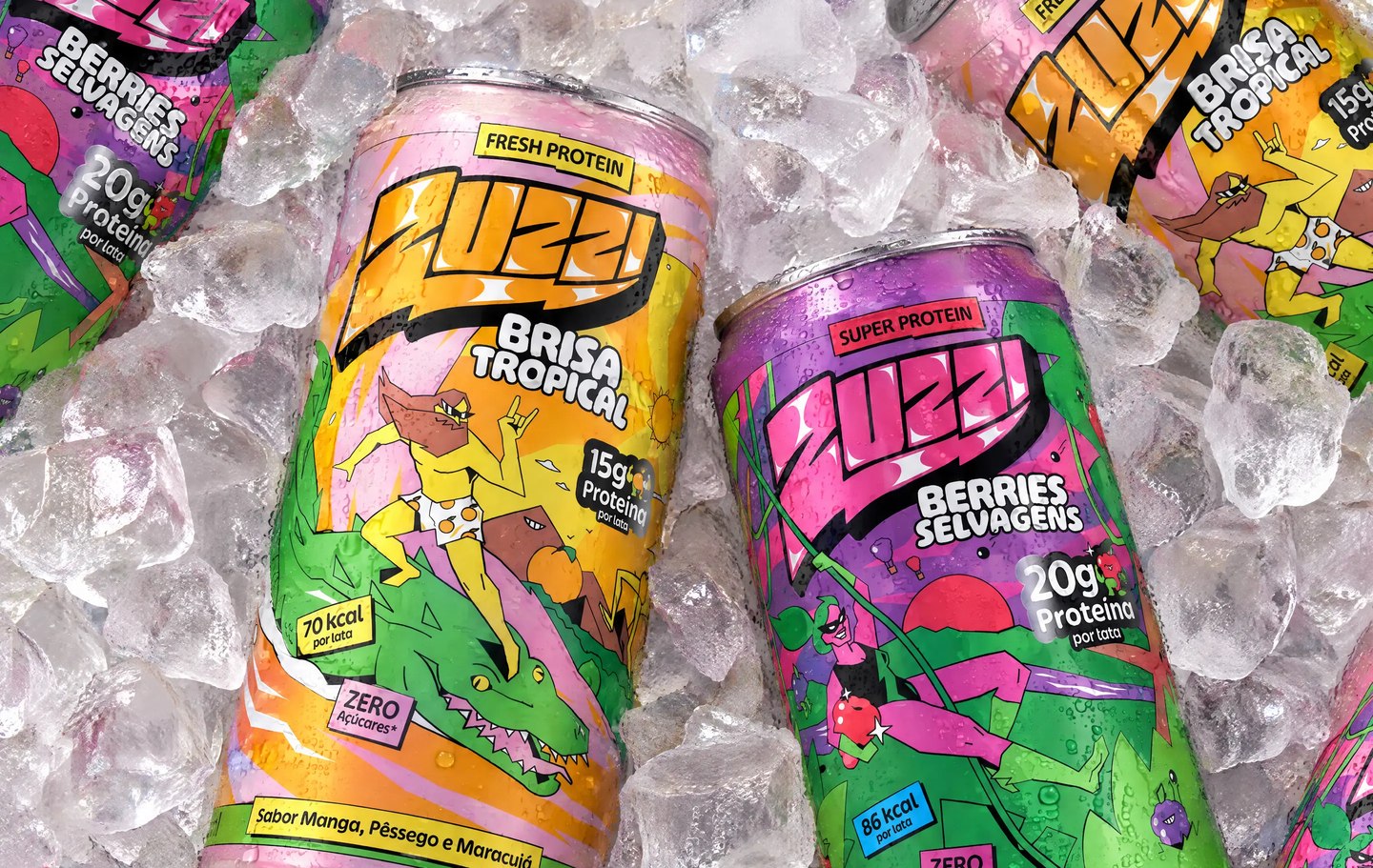 Latas de Zuzzi Brisa Tropical e Berries Selvagens no gelo